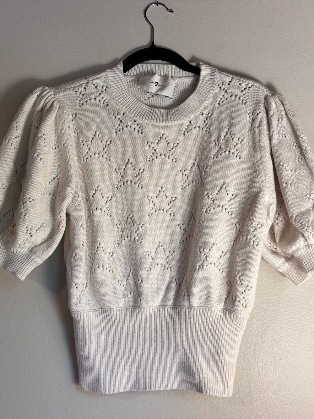 7 For All Mankind Cream Eyelet Knit Star Short Sleeved Sweater